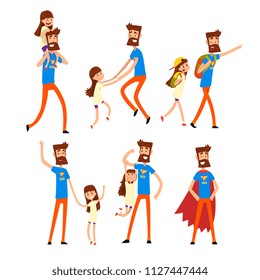 Super hero dad and his daughter set, super busy father doing many works vector Illustrations on a white background