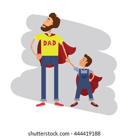 Super hero dad and son. Father and son family team. Cartoon superhero father and boy.