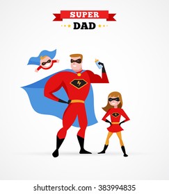 Super hero daddy in superhero costume with children