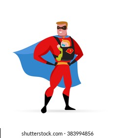 Super hero daddy in superhero costume with carrier and baby