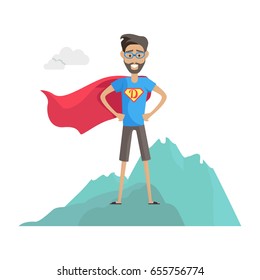 Super hero daddy in superhero costume. Smiling man in superhero costume with beard and glasses standing on a mountain. Happy super man. Cartoon superhero. Superhero icon. Vector illustration.