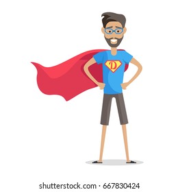 Super hero daddy in superhero costume. Smiling man in superhero costume with beard and glasses. Isolated object on white background. Illustration.