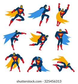 Super hero in different poses, vector illustration set