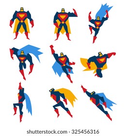 Super herói em diferentes poses, conjunto de ilustração vetorial