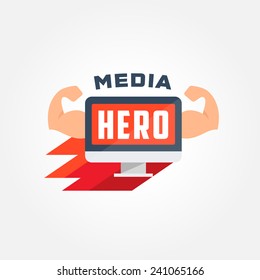 Super Hero Display Logo Template | vector icon of computer with muscles | creative idea for web studio | vector illustration of flat funny super hero pc with arms personification