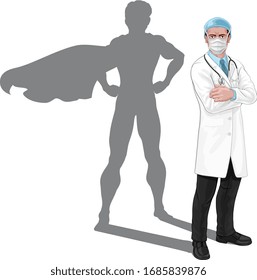 Super Hero Doctor Concept. A Medical Healthcare Professional With Superhero Shadow. With Serious But Caring Look. Wearing Protective Face Mask. 