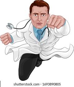  Super hero doctor concept. A medical healthcare professional as a superhero flying through the air. 