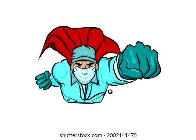 Super hero doctor man in cartoon comics book style flying red cloak. Pop art flying superhero medcine doctor vector illustration. Comics hero costume character in action pose.