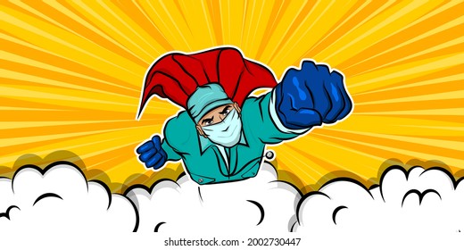 Super hero doctor man in cartoon comics book style flying red cloak. Pop art flying superhero medicine doctor vector illustration. Comics yellow puff cloud super hero backgrounds.