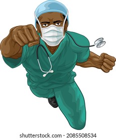 Super hero doctor or nurse concept. A medical healthcare professional as a superhero flying through the air. Wearing mask PPE