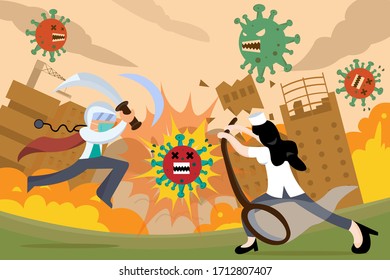Super hero doctor and nurse team fight against Coronavirus pandemic ( Covid19 ) symptoms, disease, viral infection.