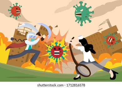 Super hero doctor and nurse team fight against Coronavirus pandemic ( Covid19 ) symptoms, disease, viral infection.