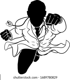 Super hero doctor silhouette concept. A medical healthcare professional as a superhero flying through the air. 