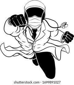  Super hero doctor silhouette concept. A medical healthcare professional as a superhero flying through the air. Wearing protective face mask.
