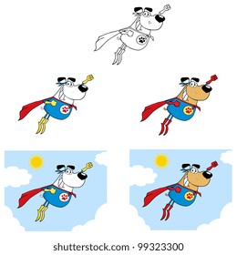 Super Hero Dog Flying In Sky. Vector Collection