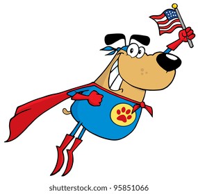 Super Hero Dog Flying And Waving An American Flag