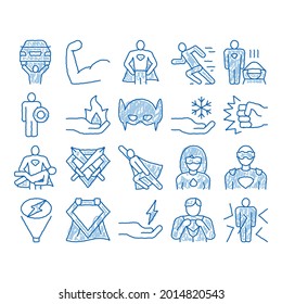 Super Hero Elements Sketch Icon Vector. Hand Drawn Blue Doodle Line Art Hero Superman Silhouette And Woman, Face Mask And Muscle Power Illustrations