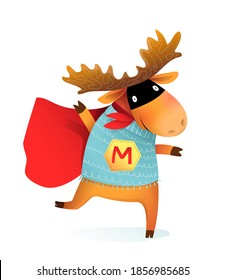 Super hero elk moose or reindeer. funny animal design for kids. Brave and silly animal character giving performance wearing mask and cape, vector cartoon for kids.