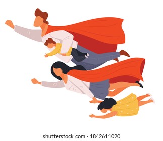 Super Hero Family, Children And Parents Wearing Capes And Costumes. Carnival Or Halloween Apparel, People Dressed For Action Play Game. Weekends Or Fun Pastime Of Mother, Father Kids, Vector In Flat