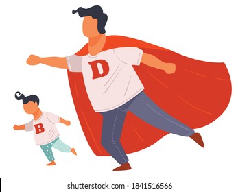 Super hero family, dad teaches son strength. Isolated father and kid wearing costumes for carnival, holiday or halloween. Daddy playing with child, fatherhood and childhood vector in flat style