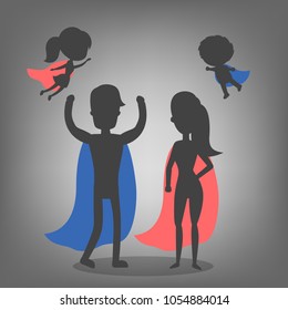 Super hero family flying on white background.