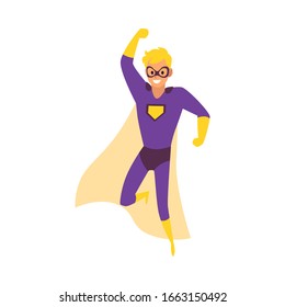 Super hero family member - daddy or father in costume and cape flat cartoon vector illustration isolated on white background. Fantasy super power male character.