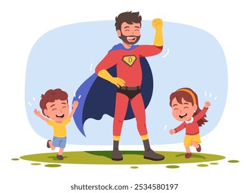 Super hero father, son, daughter family. Happy parent man person wearing superhero dad costume, joyful boy and girl children. Fathers Day, fatherhood, childhood concept character vector illustration