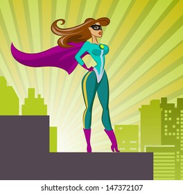 Super Hero - Female. Vector illustration isolated on a sunrise background
