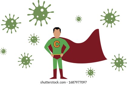 Super hero  fighting with virus isolated virus background. Vector illustration in flat style.