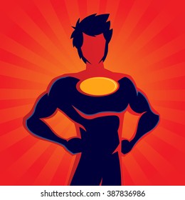 Super hero figure standing in front of red background, vector illustration