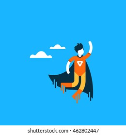 Super hero flying, faster, stronger, better, education concept, next level, self improvement, progress accelerating, vector flat illustration