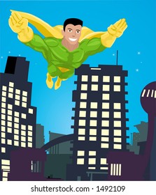 a super hero flying over a city