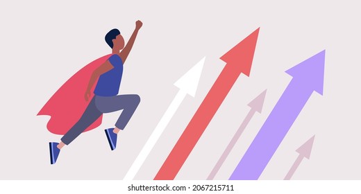 Super hero flying towards business growth, target. Successful business or career. Vector illustration in a flat style