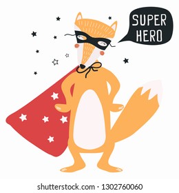 Super hero foxes. Vector illustration for children, with the image of a cartoon character, for printing on fabric, dishes, clothes, sticker, postcard, poster banner. Cute baby background.