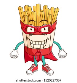 Super hero french fries cartoon character with funny smile face