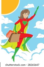 super hero girl flying away from a shopping spree