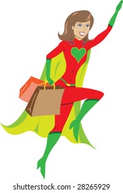 super hero girl flying away from a shopping spree