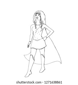 super hero girl with long cape is standing in strong and proud pose, isolated on white background