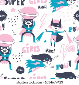 Super hero girls. Hand drawn vector seamless pattern