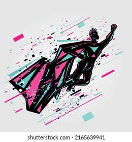 Super hero glitch man. Cartoon vector character. Flying cyber player.