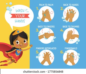 Super Hero Gorl shows how to wash your hands step poster Infographic illustration. Poster with african girl shows how to wash hands properly.