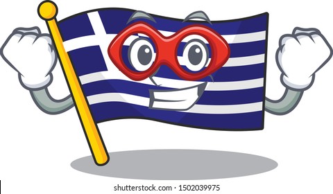 Super hero greece character flag hoisted on mascot pole