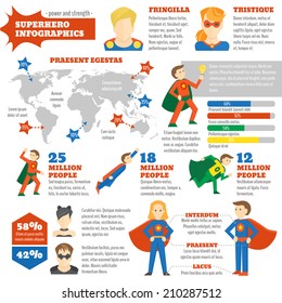 Super hero infographics with avatars in costumes and world map vector illustration