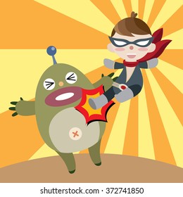 Super Hero Kick Monster Cartoon Vector