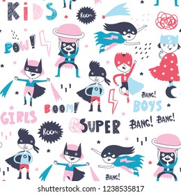Super hero kids. Boys and girls. Big hand drawn colored vector set. All elements are isolated