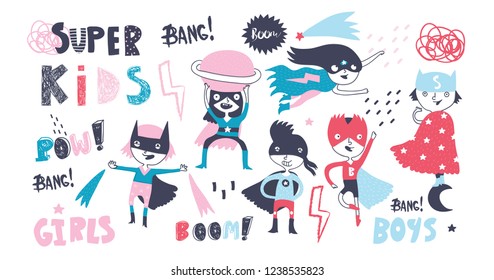 Super Hero Kids. Boys And Girls. Big Hand Drawn Colored Vector Set. All Elements Are Isolated