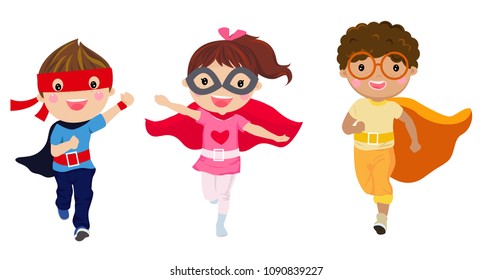 Super hero Kids with costumes set, Children costume characters isolated on white background, boy and girl,