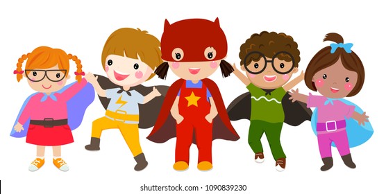 Super Hero Kids With Costumes Set, Children Costume Characters Isolated On White Background, Boy And Girl,