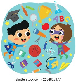 Super hero kids and school objects