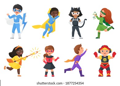 Super hero kids vector illustration set. Cartoon children superheroes collection with cute girl and boy child character wearing funny colorful costumes and masks for carnival party isolated on white